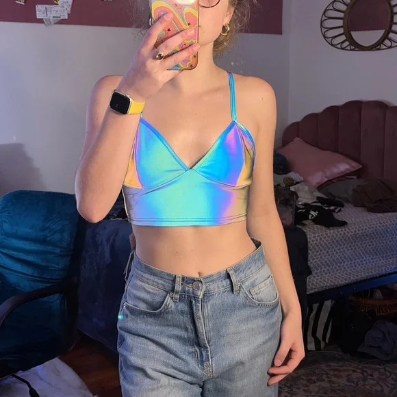 NWT Do Myself Reflective Holographic Cropped Tank for Going Out, Rave, Festival - Picture 2 of 5